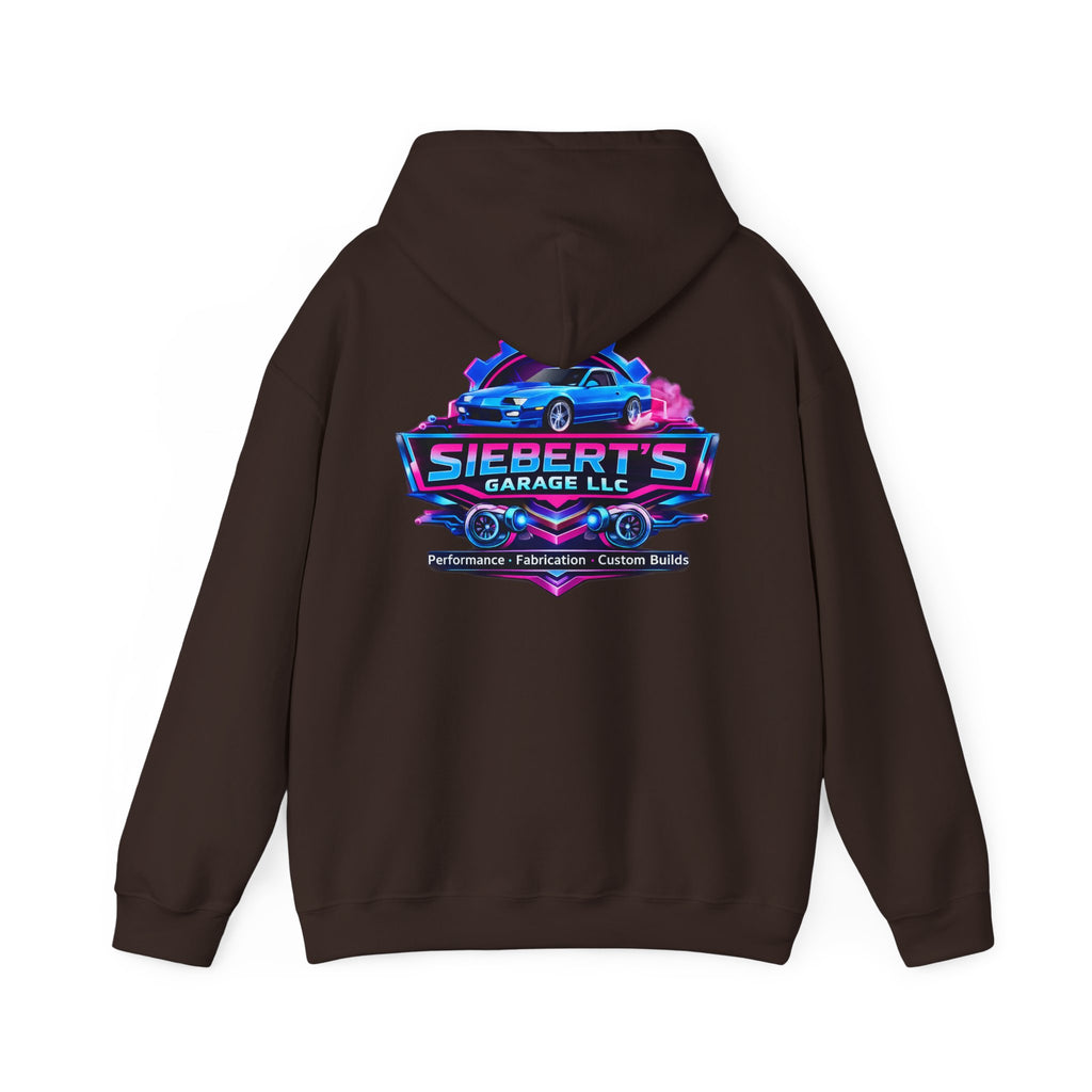 Siebert's Garage Logo Hoodie — Retro Neon Car Shop Pullover