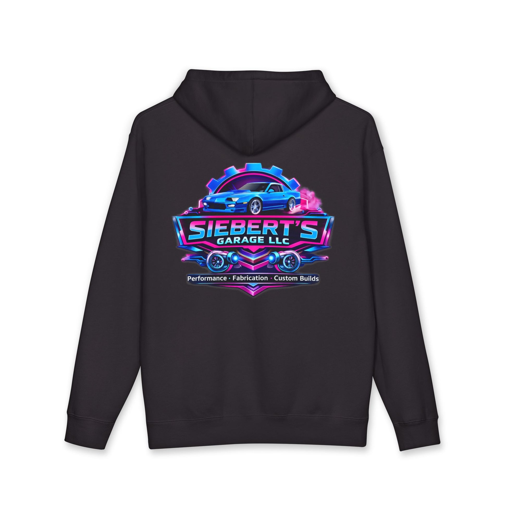 Siebert's Garage Hoodie — Retro Neon Car Performance & Custom Builds Sweatshirt