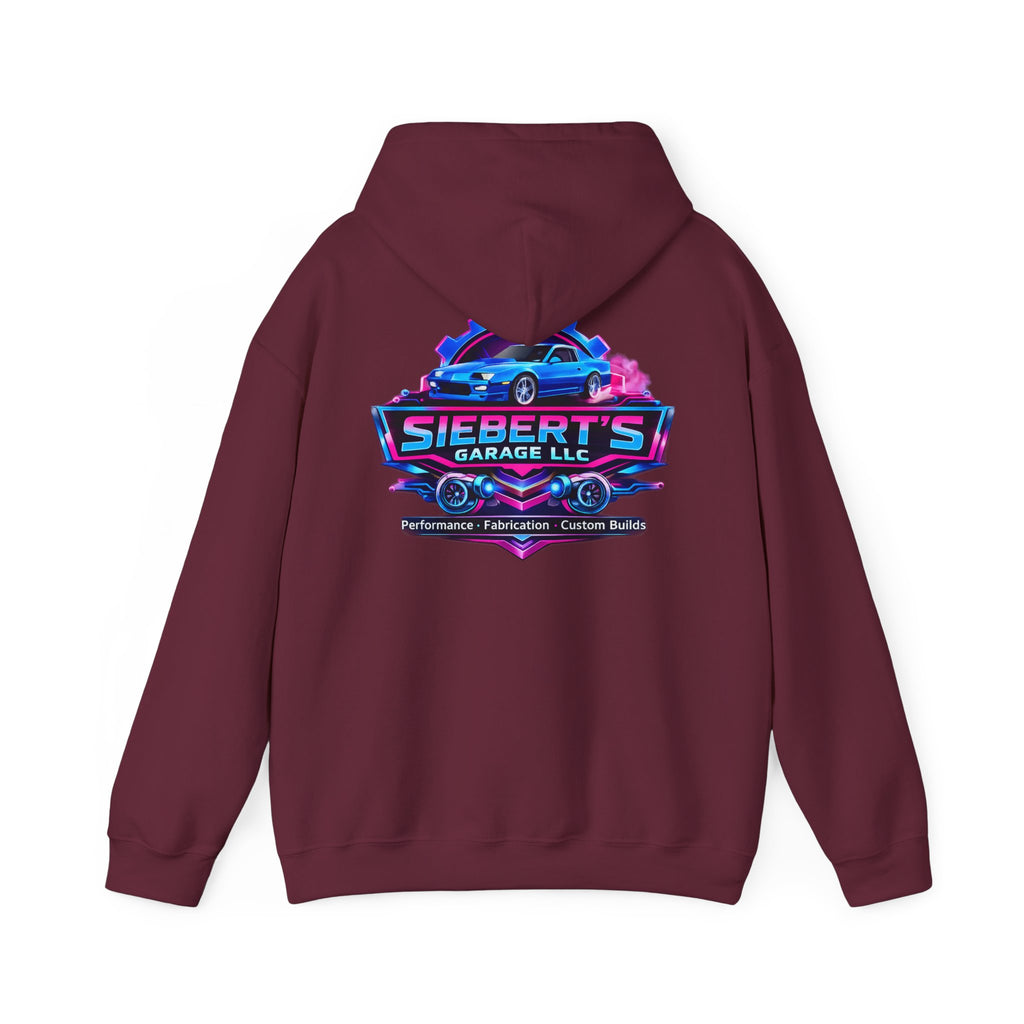 Siebert's Garage Logo Hoodie — Retro Neon Car Shop Pullover