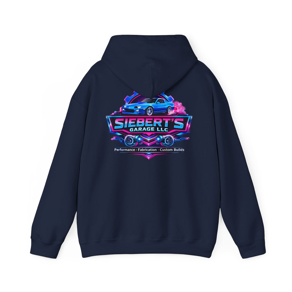 Siebert's Garage Logo Hoodie — Retro Neon Car Shop Pullover