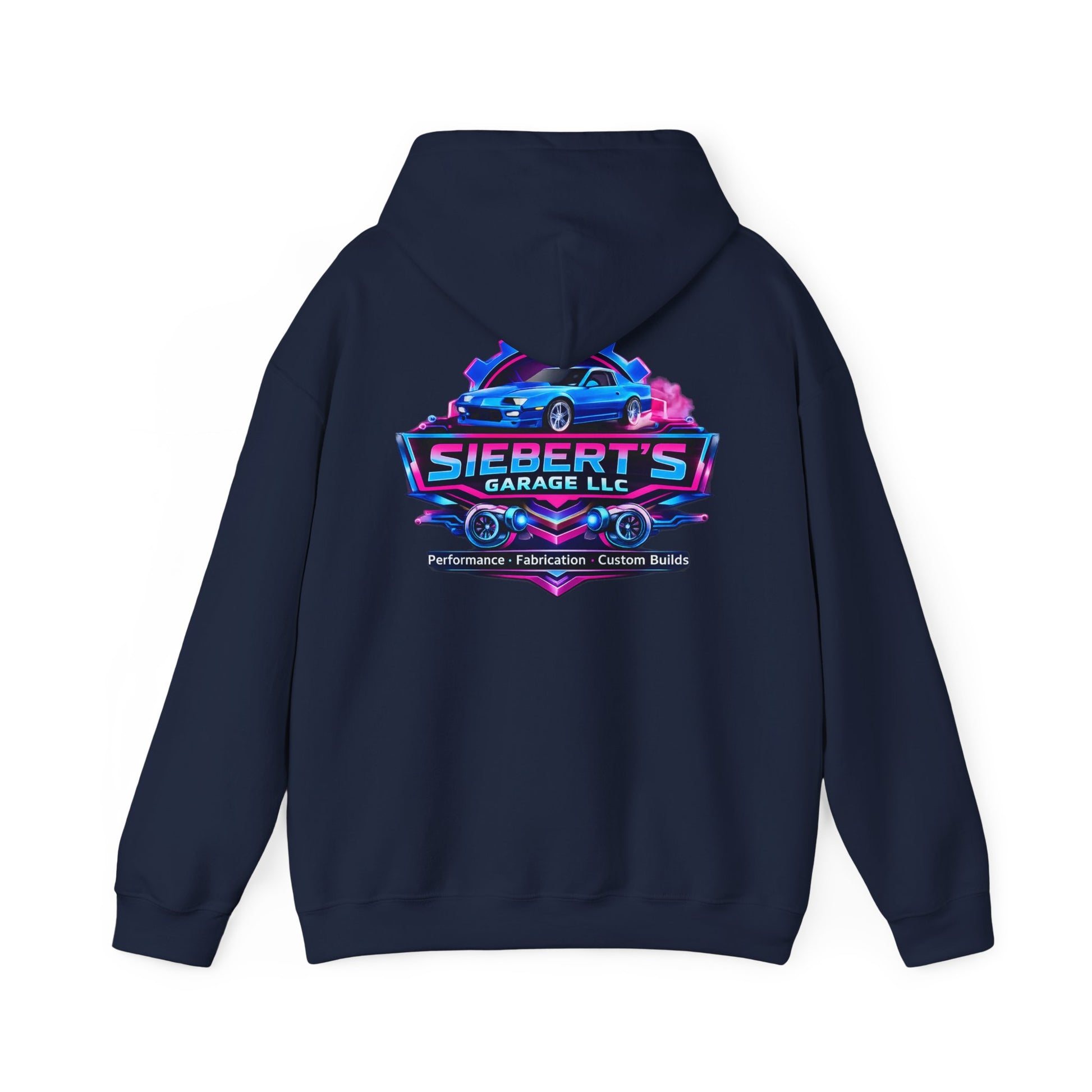 Siebert's Garage Logo Hoodie — Retro Neon Car Shop Pullover