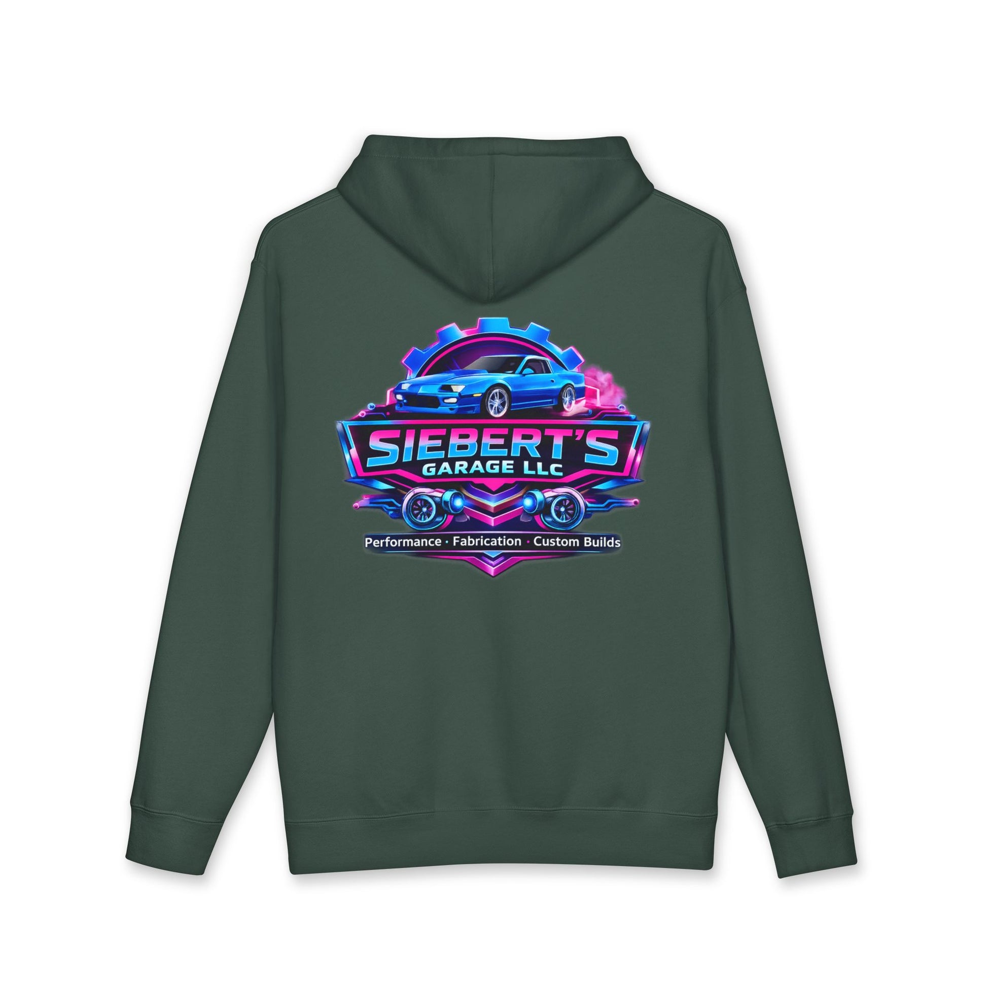 Siebert's Garage Hoodie — Retro Neon Car Performance & Custom Builds Sweatshirt