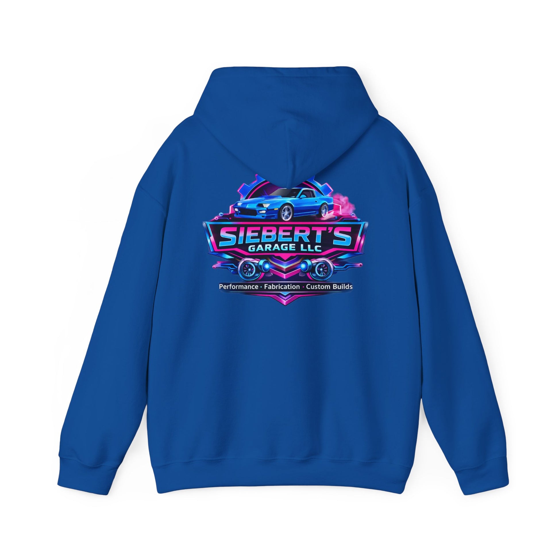 Siebert's Garage Logo Hoodie — Retro Neon Car Shop Pullover